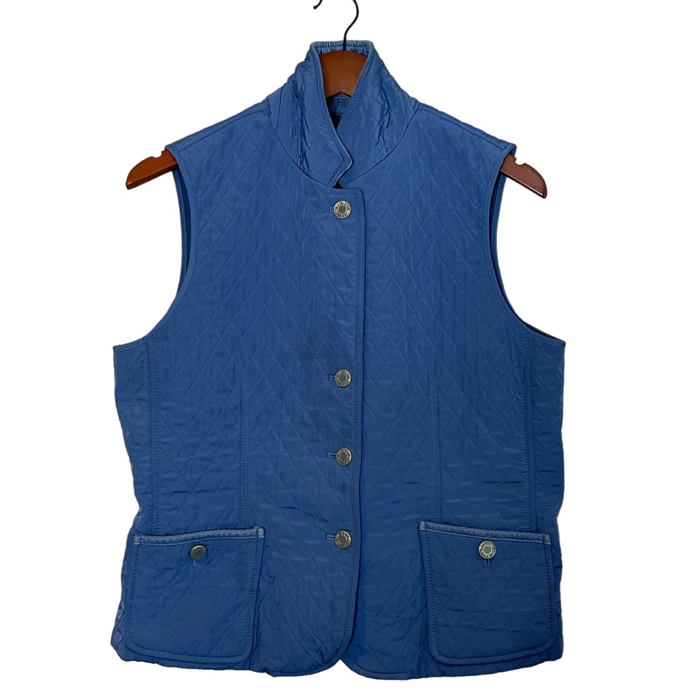 Talbots Quilted Button Front Vest Size MP Fleece Lined Corduroy Collared Blue